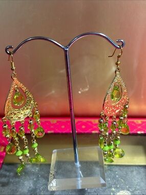 Gold & Lime Green Teardrop Chandelier Earrings - Unbranded